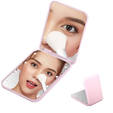 Lommespeil med LED-lys, opplyst reisespeil for veske, håndveske, lomme, håndholdt 2-sidig sminke speil. (Rosa)