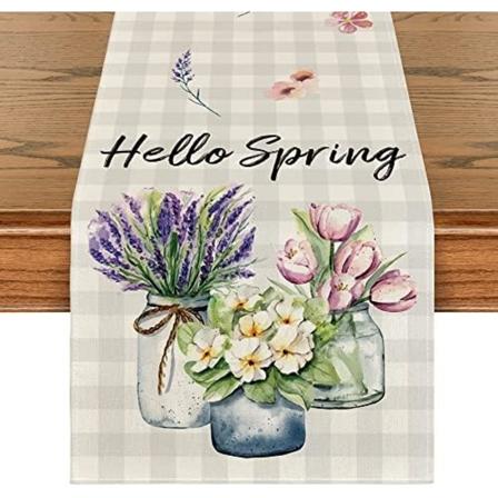 Buffalo Plaid Lavendel Vase Hello Spring Bordløber, Påske Sommer Sæson Jubilæum Ferie Køkken Spisestue Bord D