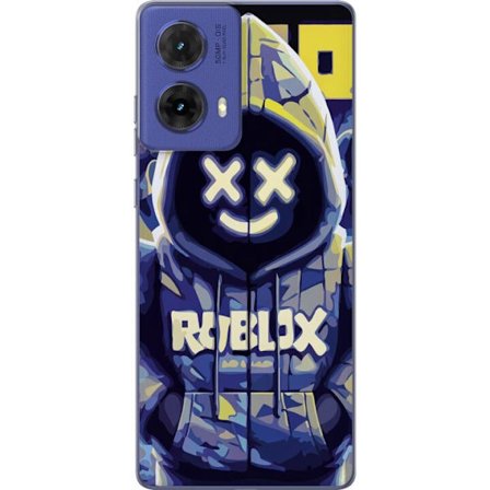 Kompatibelt Mobildeksel til Motorola Motorola Moto G85 Blågul Roblox hettegenserfigur med minimalistisk neonstil og masket ansikt, moderne spillillus