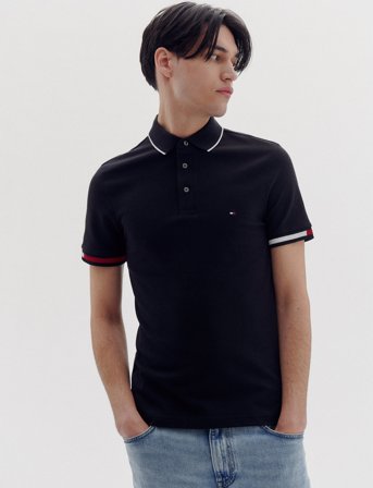 Tommy Hilfiger Flag Cuff Slim Fit Polo - Black - XXXL