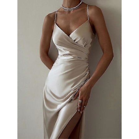 Dam Satin Klänning Midi Klänning Champagne Ärmlös Enfärgad Delad Rynkad Vår Sommar V-ringad Stilren Elegant Sexig