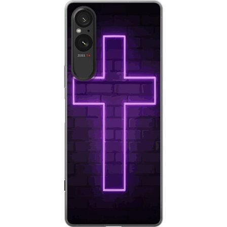 Yhteensopiva Puhelinkuori Sony Sony Xperia 5 V Neonristi purppuranvalossa tummaa tiiliseinää vasten, symbolinen motiivi vahvalla hohto moderni estee