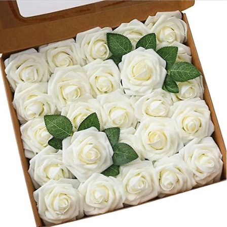 Set med 25 elfenbensfärgade konstgjorda rosor med en naturlig look och känsla