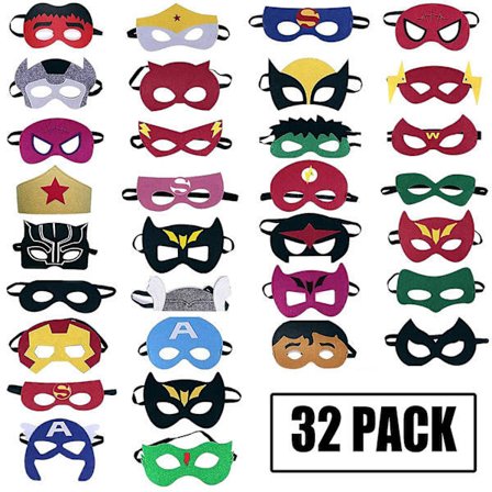 Superhjälte Masker Kalas Favoriter 32-pack – Filtmasker med Elastik för Barns Födelsedagskalas