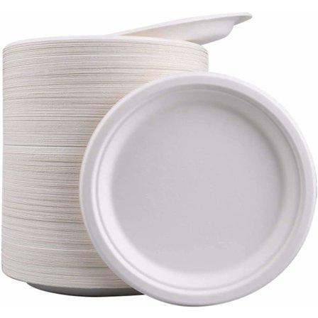 Pakke med 50, store premium kvalitets sterke tallerkener, super stive bagasse tallerkener biologisk nedbrytbare, middagsselskapstallerkener 9 tommer 