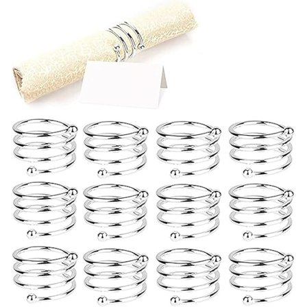 Servietringe og holdere (12 stk. - SPIRAL, SØLV), 12 stk. servietringe i metal til borddekoration