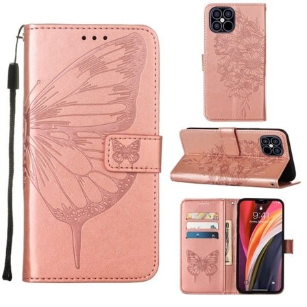 Kotelo iPhone 13:lle Ruusukultainen kohokuvioitu perhossiivet korttipaikka nahkalompakko