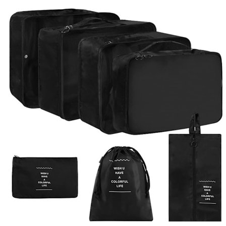 7-delt rejsesæt til opbevaring – sorte Oxford-stofposer til tøj og organiseret pakning_OF