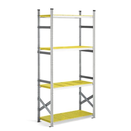 Reol grunnseksjon med gule plasthyller, 2500x1200x500 mm