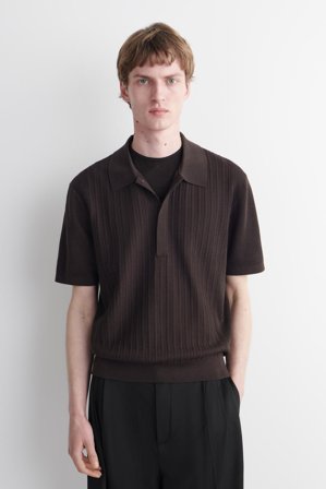 COS Men's Textured Panel Cotton Polo Shirt in Brown