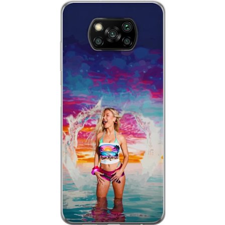 Kompatibelt Mobildeksel til Xiaomi Poco X3 NFC Blond kvinne i fargerik strandantrekk som leker i havet ved solnedgang