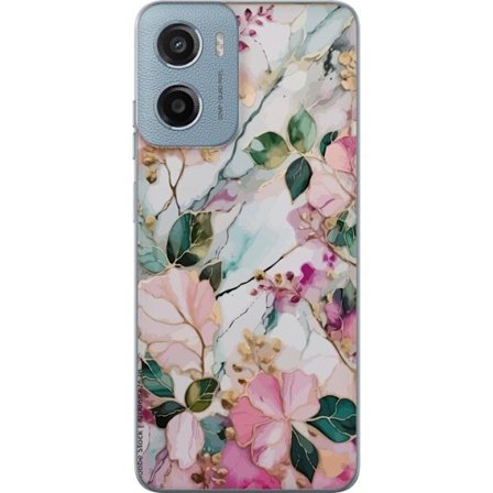 Kompatibel Mobilcover til Motorola Moto E15 Abstrakt marmormønster med blomster, blade og gyldne detaljer i bløde pastelfarver