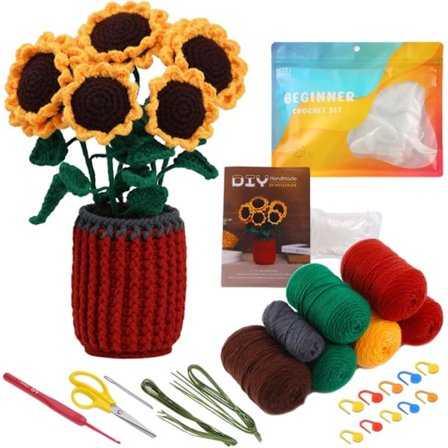 Heklesett Solsikker Startsett Hekleblomst Nybegynnere Heklesett DIY Bukett Potte Komplett Startsett Strikking Hekling