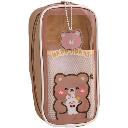 Brun bjørn Kawaii stor kapacitet blyantpose, gennemsigtig skole