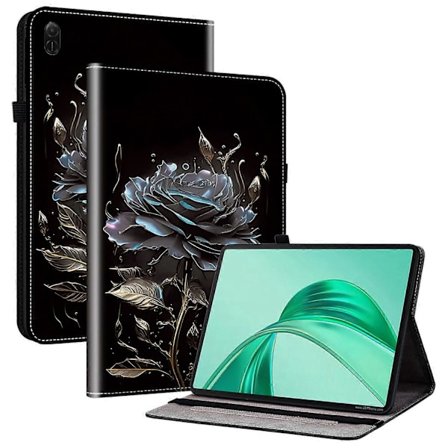 För Honor Pad X8a Läderfodral Mönstertryckt Ställ Tablet Skydd med Kortfack - Svart Ros