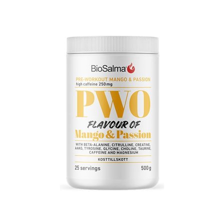 Pre-workout BioSalma PWO Mango & Passionsfrukt 500g - Bodyman.dk