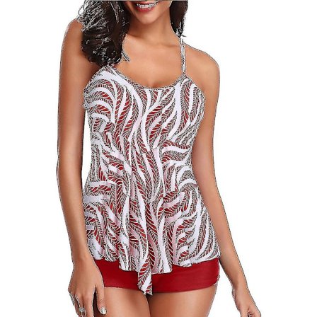 Naisten Tankini-uimapuvut, kerroksellinen röyhelöinen kaksiosainen uimapuku - Punainen raita M DFA1653