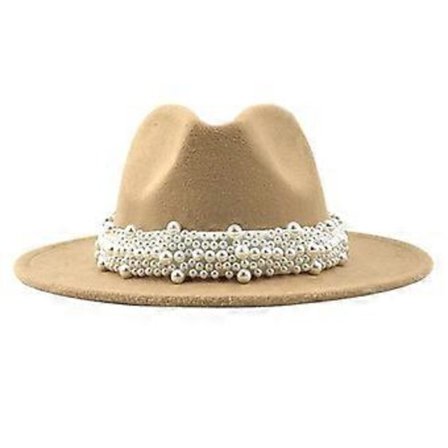 Cashmere Fedora-hatte med bred skygge til kvinder og mænd, elegante hatte ensfarvet Panama-hat med perledekoreret skygge (Camel)