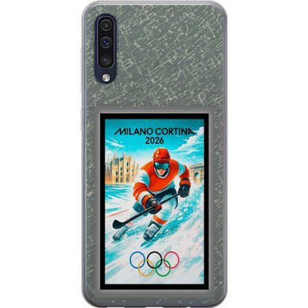 Yhteensopiva Puhelinkuori Samsung Galaxy A50 Curlingkuvitus pelaajilla ja kivillä jäällä, Milano Cortina 2026, lumisia roiskeita ja olympiasormukset