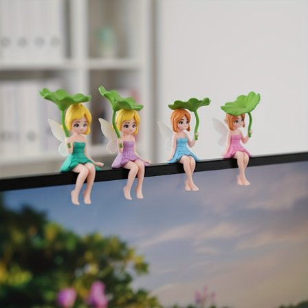 4 stk. Sæt Resin Kål Fe Figurer - Søde Smilende Grønne Blad Fe med Kålbladsindretning, Instrumentbræt & Skrivebordsstatuer til Bilinstrumentbræt 