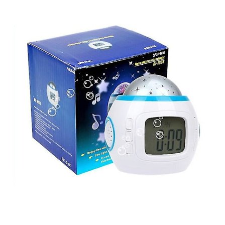 Musikk Stjernehimmel Projeksjonsvekkerklokke, Stjerne og Måne Evighetskalenderklokke, Fargerik Vekkerklokke, Blå Skjerm Projeksjonslampe