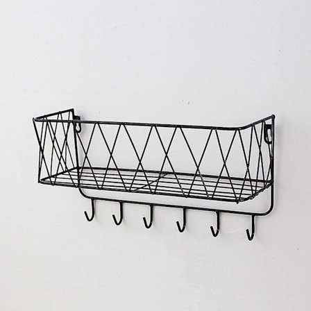 Väggmonterad hylla flytande hylla med metallnät, väggmonterad hylla med krokar, handduksstång, vägggarderob flytande heminredning