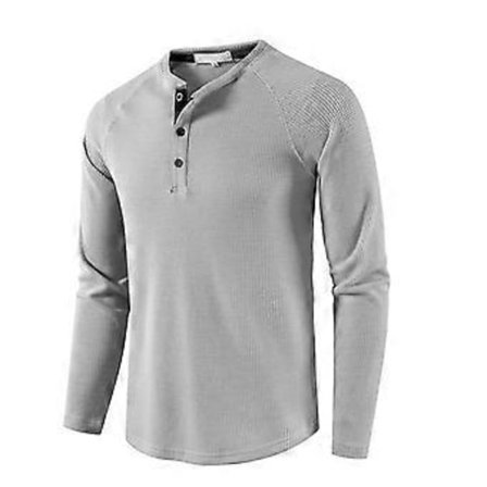 Waffle Henley-skjorte for menn, rund hals, langermet T-skjorte, ensfarget, fritidsklær, komfortabel skjorte for høst og vinter (S lys grå)