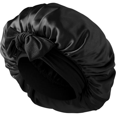 Silke sovebonnet til kvinder, 1 stk. justerbar satin natsovehue blød elastisk bånd silkebonnet til at sove (sort)