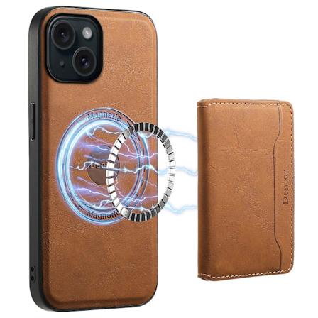 DENIOR D13 iPhone 15 -kotelo PC+TPU+PU-nahkainen puhelinkotelo irrotettavalla magneettisella korttikotelolla