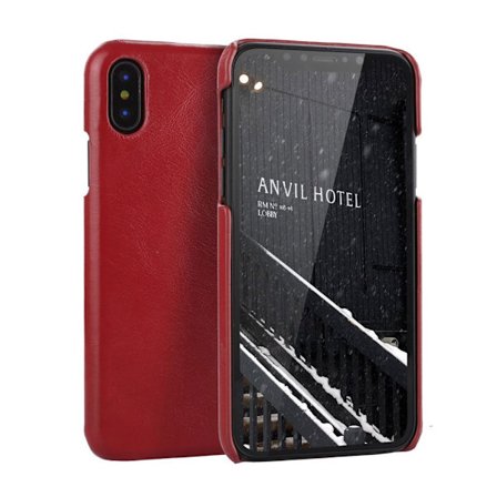 iPhone Xs Max Plast skal täckt med retro textur äkta kvlaitets läder - Röd