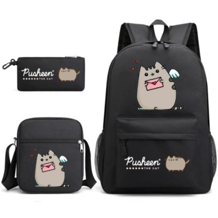 Pusheen 3-delars Set Ryggsäck Mochila Barnväskor med Kapacitet, Tecknad Casual Ryggsäck Personligt Mode Gata Trendig Utomhusryggsäck