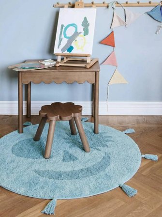 Lavable Tappeto Bambini Geometrico Smiley Blu Chiaro/Blu Rotondo Piccolo Oeko-Tex