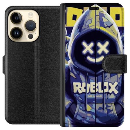 Kompatibelt Lommeboketui til Apple Apple iPhone 14 Pro Blågul Roblox hettegenserfigur med minimalistisk neonstil og masket ansikt, moderne spillillus