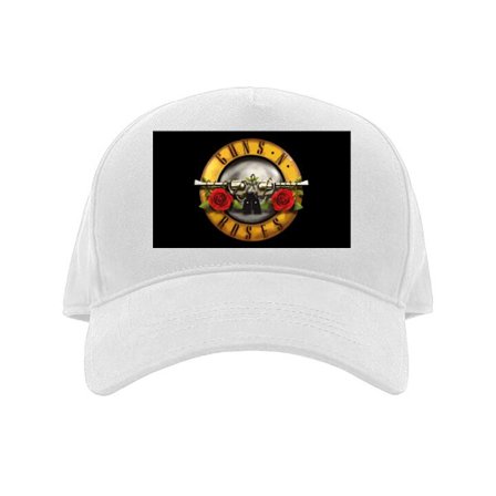 Kasket Guns N' Roses emblem med krydsede pistoler og røde roser i en guldramme på sort baggrund med klassisk rock-æstetik og dramatisk symbolik.