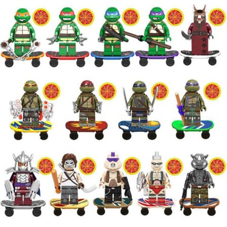 14 typer af Ninja Turtles byggeklodser med våben, skate boa