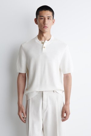 COS Men's Knitted Cotton Henley T-Shirt in White