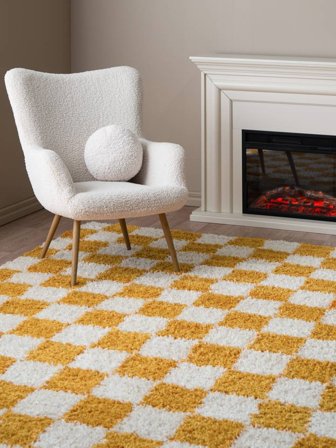 Tapis Shaggy Carreaux Chessie Jaune/Blanc Écru Oeko-Tex