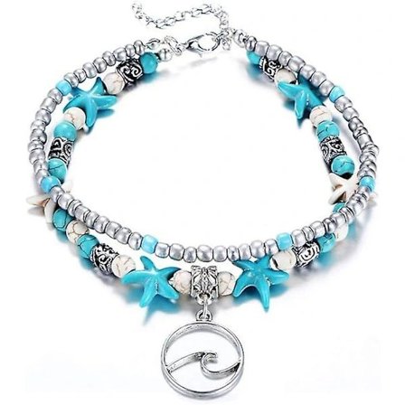 【PP】Blå skildpaddeankelarmbånd til kvinder piger flerlags perler håndlavede strandankelarmbånd sæt boho fodsmykker