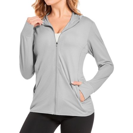 UPF 50+ Långärmad Solskyddströja för Dam, Full Zip Hoodie Jacka, Soltröja med Tumhål och Fickor med Dragkedja Ljusgrå