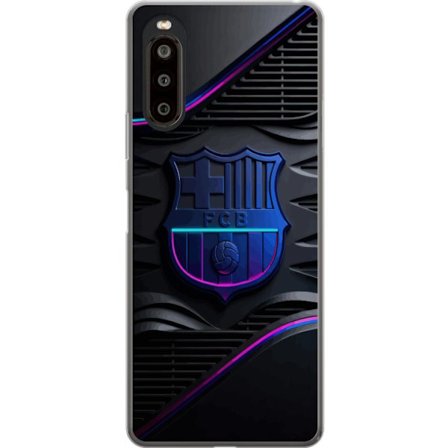 Yhteensopiva Puhelinkuori Sony Xperia 10 II FC Barcelonan seuraemblemii neon sinistä ja vaaleanpunaista futuristisella metallisella suunnittelulla