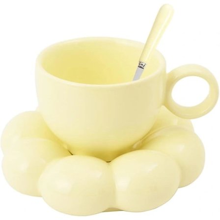 Keramisk Blomstret Kaffekrus, Kreativ Sød Kop med Sky Solsikke Underkop til Kontor og Hjem, 190ml til Te Latte Mælk, Gul