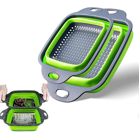 2-pak, Firkantede sammenklappelige silikone si-afløbskurve med håndtag, køkkensi til at dræne pasta, grøntsager og frugt