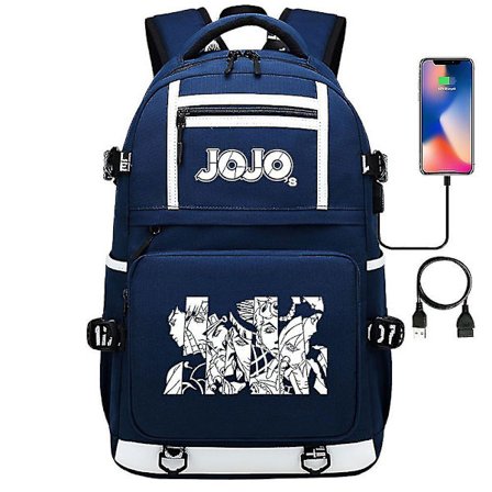 Svart Jojo's Bizarre Adventure USB-port Ryggsekk, Skolebok Studenter Utendørs Skulderveske Bok Ryggsekk Cosplay
