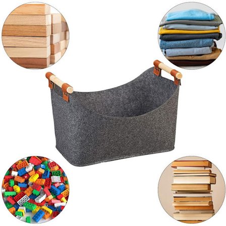 Vedkurv, oppbevaringskurv, peisvedpose med forsterket trehåndtak, filtpose, 40x27x22 cm