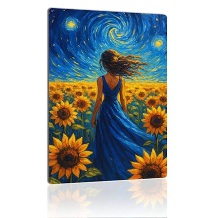 Tyttö auringonkukkapellolla metallikyltti Tähtikirkas yö Nainen sinisessä mekossa Taide Vintage peltikyltti laatta