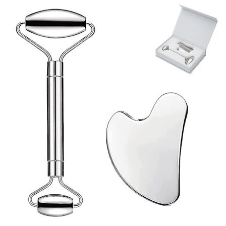 Gua Sha-sæt i rustfrit stål og ansigtsmassagerulle til massage af ansigt, øjne og nakke, praktiske ansigtsmassageværktøjer til kropspleje
