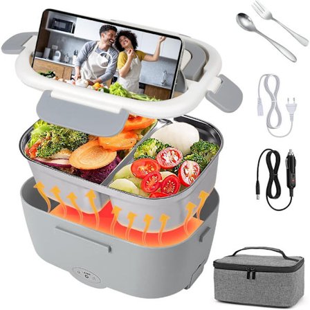 Elektrisk Matlåda Matvärmare Bil 3-i-1 (12V/24V/220V) Med Gaffel Sked Avtagbar Rostfri