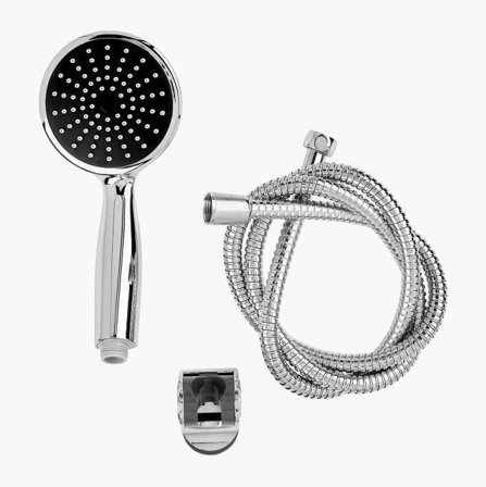 Biltema - Dusjsett i Krom/Svart - Forkrommet med Fast Strålebilde, Svart Front, Rustfritt Ståldusjslange på 1.5 meter, og ABS-plast Veggholder