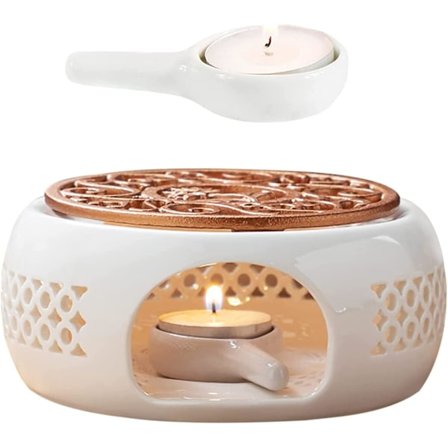Keramisk Tekandevarmer, Tekandevarmer med Ske og Komfurmåtte, Porcelæns Tekandevarmer, Tekandevarmer til Varmebevarelse Kaffe Te eller Mælk (Hvid)
