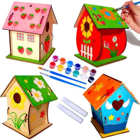 Fuglekassebyggesett for barn - 4-pakke Ny design Bygg og mal Fuglekasse Håndverk for barn, Treprosjekt for jenter gutter.
